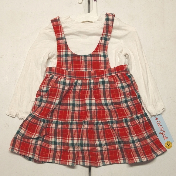 New! Toddler Girls' Red & Green Plaid Holiday Skirtall Set - Cat & Jack - Picture 2 of 9